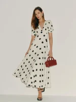 Women Ivory Black Polka Dot Puff Sleeve Deep V Neck Maxi Dress Formal Party Evening Elegant Outfit