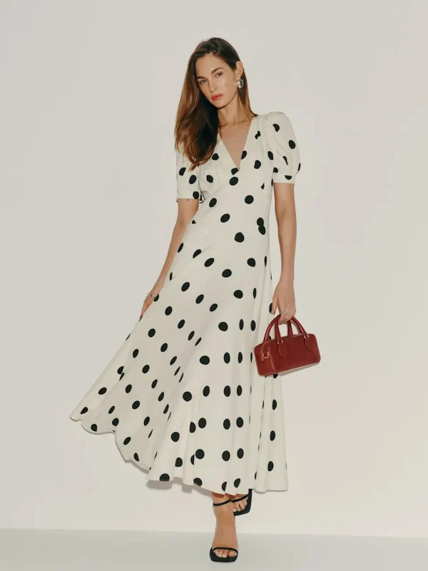 Women Ivory Black Polka Dot Puff Sleeve Deep V Neck Maxi Dress Formal Party Evening Elegant Outfit
