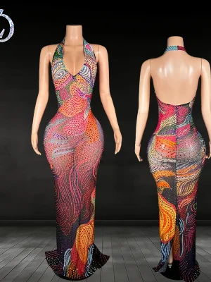ZD Sexy See-through Mesh Dress with Deep Backless Design - Multi-Color Rhinestone Embellished Clubwear for Parties & Nightclubs