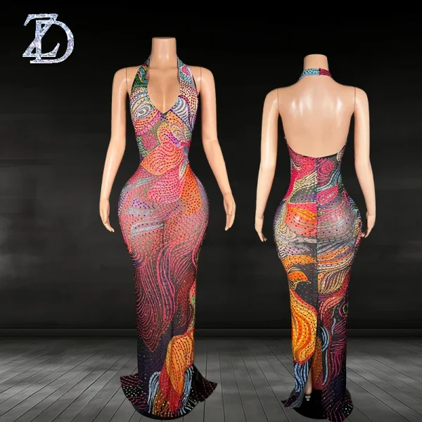 ZD Sexy See-through Mesh Dress with Deep Backless Design - Multi-Color Rhinestone Embellished Clubwear for Parties & Nightclubs