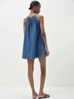 Women Blue Denim O-Neck Sleeveless Ruched Mini Dress Summer Woven Breathable Washable Casual Party Evening Elegant Outfit