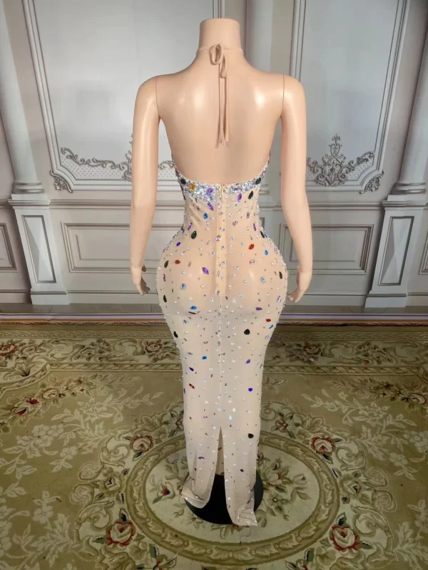 ZD Breathable Chiffon Mesh Bodycon Illusion Gown Off-Shoulder Open Back Maxi with Multicolor Rhinestones for Birthday & Club