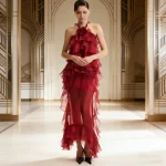 High Quality New 2026 Spring Modern A-Line Women's Chiffon Maxi Dress Allover Cascading Ruffle Flower Patterns Quick Dry RED