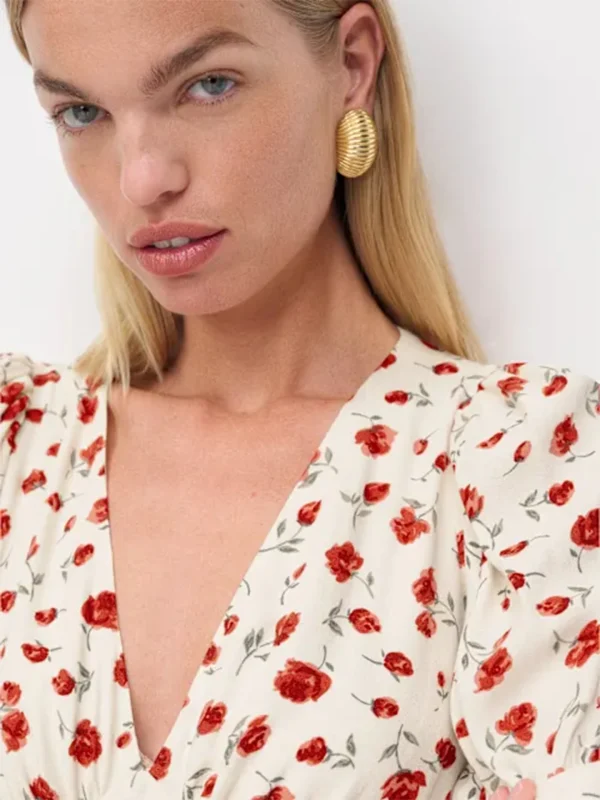 Women Ivory Red Floral Print Short Sleeve Deep V Neck Midi Dress Formal Daily Elegant Summer Breathable Natural Waistline Outfit