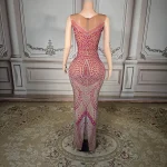 ZD XS-4XL Plus Size Red Rhinestone Gown-Elegant Sheer Panel Anti-Static Natural Evening Dress for Glamorous Celebrations
