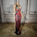 ZD Sexy See-through Mesh Dress with Deep Backless Design - Multi-Color Rhinestone Embellished Clubwear for Parties & Nightclubs