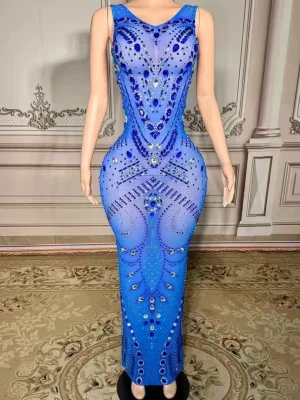 ZD Sparkly Blue Rhinestones Long Dress Birthday Celebrate Transparent Dress Women Dancer Dresses