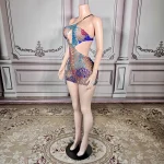 ZD Bodycon Natural Waistline Colored Rhinestone Geometric Pattern Night Club Sexy Backless Mini Evening Dress for Birthday Party