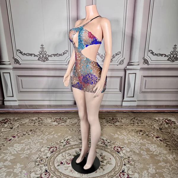 ZD Bodycon Natural Waistline Colored Rhinestone Geometric Pattern Night Club Sexy Backless Mini Evening Dress for Birthday Party