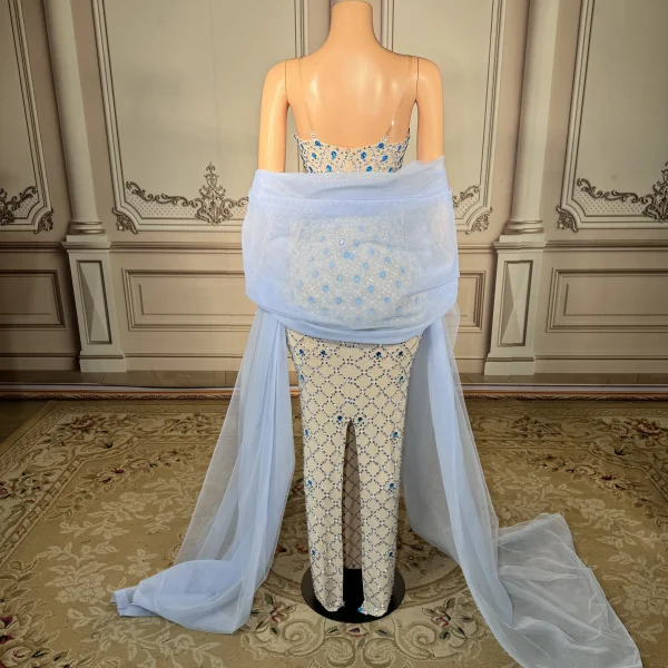 ZD Sparkly Dazzling Blue Crystal Beaded Strapless Club Floor-Length Natural Eco-Friendly Fitted Spaghetti Slip Elegant Prom