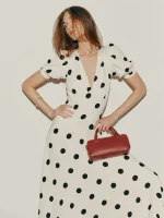 Women Ivory Black Polka Dot Puff Sleeve Deep V Neck Maxi Dress Formal Party Evening Elegant Outfit