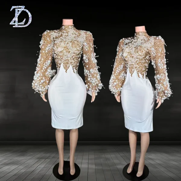 ZD Elegant Pearl Rhinestone Mini Dress-Luxury Regular Sleeve Party Gown High Neck Natural Eco-Friendly for Stage Performances