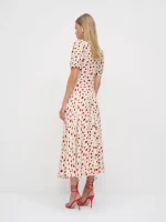 Women Ivory Red Floral Print Short Sleeve Deep V Neck Midi Dress Formal Daily Elegant Summer Breathable Natural Waistline Outfit