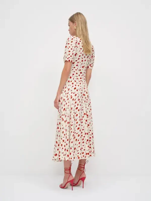 Women Ivory Red Floral Print Short Sleeve Deep V Neck Midi Dress Formal Daily Elegant Summer Breathable Natural Waistline Outfit
