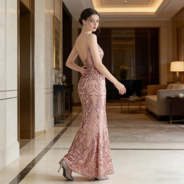 19991# Cross-border Floral Beaded Dress for Bridesmaids Socialite Stars Wedding PROM Party Sexy Chiffon Cashmere Anti-Static