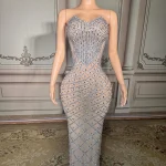 ZD Sparkly Colored Rhinestone Strapless Off-the-shoulder Natural Waist Club Party Dresses Ball Long Gown Floor Length Evening