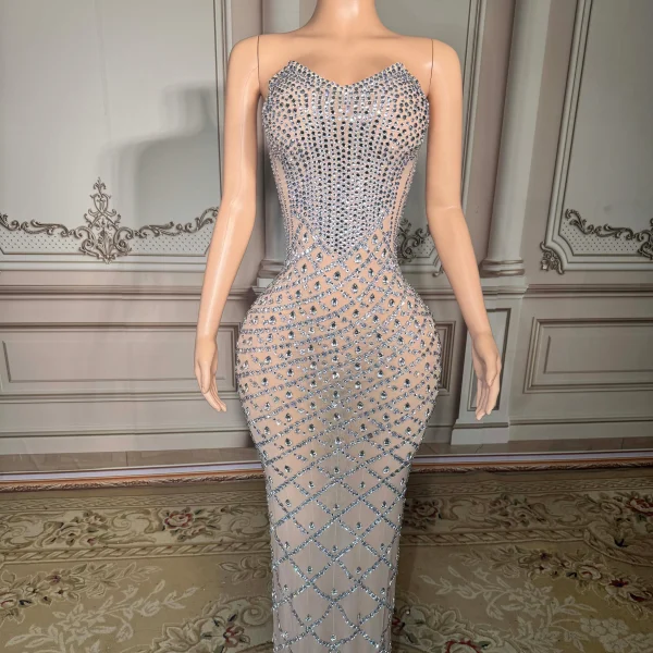 ZD Sparkly Colored Rhinestone Strapless Off-the-shoulder Natural Waist Club Party Dresses Ball Long Gown Floor Length Evening