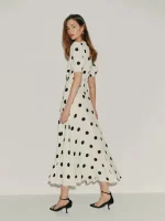 Women Ivory Black Polka Dot Puff Sleeve Deep V Neck Maxi Dress Formal Party Evening Elegant Outfit