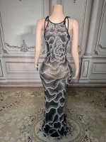 ZD Elegant Handmade Bow Collar Natural Rhinestone Sequins Maxi Dress Long One-Piece Ball Gown Luxury Woman Party Night Clubwear
