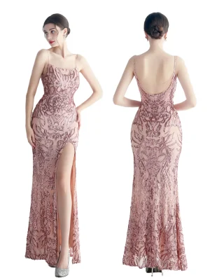 19991# Cross-border Floral Beaded Dress for Bridesmaids Socialite Stars Wedding PROM Party Sexy Chiffon Cashmere Anti-Static