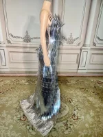 ZD Women's Sequin Beading Appliques Floor-Length A-Line Nightclub Dress Sexy Deep V Neck Halter High Side Slit Natural