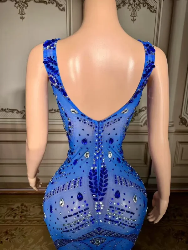 ZD Sparkly Blue Rhinestones Long Dress Birthday Celebrate Transparent Dress Women Dancer Dresses