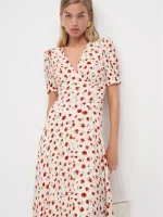 Women Ivory Red Floral Print Short Sleeve Deep V Neck Midi Dress Formal Daily Elegant Summer Breathable Natural Waistline Outfit
