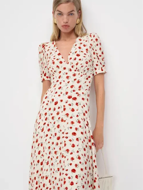 Women Ivory Red Floral Print Short Sleeve Deep V Neck Midi Dress Formal Daily Elegant Summer Breathable Natural Waistline Outfit