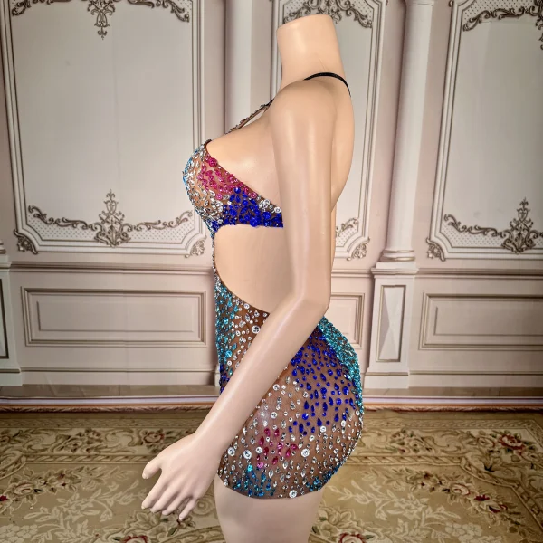 ZD Bodycon Natural Waistline Colored Rhinestone Geometric Pattern Night Club Sexy Backless Mini Evening Dress for Birthday Party