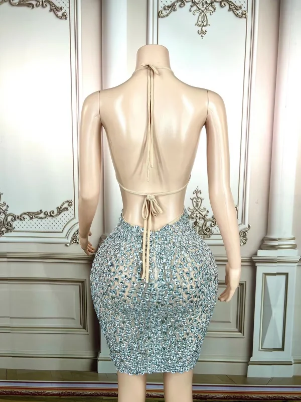 ZD Sparkling Rhinestone Natural Waist Mini Dress Crop Top Low Back Bold Cut-Out Bodycon Anti-Wrinkle Breathable Party Rave