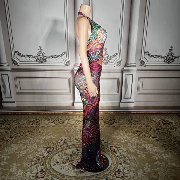 ZD Sexy See-through Mesh Dress with Deep Backless Design - Multi-Color Rhinestone Embellished Clubwear for Parties & Nightclubs