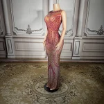 ZD XS-4XL Plus Size Red Rhinestone Gown-Elegant Sheer Panel Anti-Static Natural Evening Dress for Glamorous Celebrations