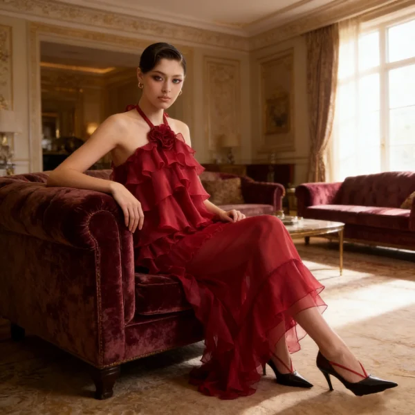 High Quality New 2026 Spring Modern A-Line Women's Chiffon Maxi Dress Allover Cascading Ruffle Flower Patterns Quick Dry RED
