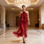 High Quality New 2026 Spring Modern A-Line Women's Chiffon Maxi Dress Allover Cascading Ruffle Flower Patterns Quick Dry RED