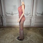ZD XS-4XL Plus Size Red Rhinestone Gown-Elegant Sheer Panel Anti-Static Natural Evening Dress for Glamorous Celebrations