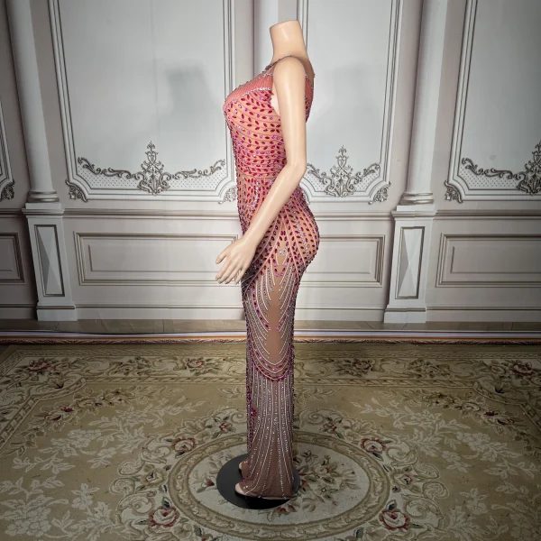 ZD XS-4XL Plus Size Red Rhinestone Gown-Elegant Sheer Panel Anti-Static Natural Evening Dress for Glamorous Celebrations