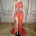 ZD Elegant Asymmetric Rhinestone Bodycon Evening Dress Sexy Side Cutouts Thigh-High Slit Floor-Length Formal Gown for Red Carpet