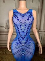 ZD Sparkly Blue Rhinestones Long Dress Birthday Celebrate Transparent Dress Women Dancer Dresses