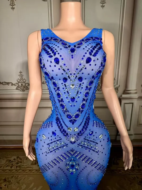 ZD Sparkly Blue Rhinestones Long Dress Birthday Celebrate Transparent Dress Women Dancer Dresses