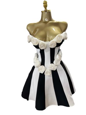 Strap-Detail Strapless Bandage Dress with Handcrafted 3D Floral Appliqués, Stretch Fit, Black & White Color-Block Design, Vintage-Inspired Cocktail Party Dress