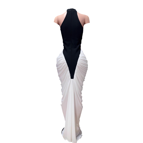 Contrast Pleated Halter Backless Bodycon Sexy Evening Dress – Elegant Sleeveless Waist-Cinching Dress