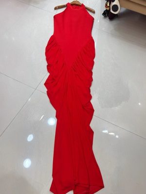 Contrast Pleated Halter Backless Bodycon Sexy Evening Dress – Elegant Sleeveless Waist-Cinching Dress
