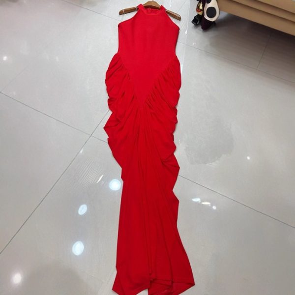 Contrast Pleated Halter Backless Bodycon Sexy Evening Dress – Elegant Sleeveless Waist-Cinching Dress